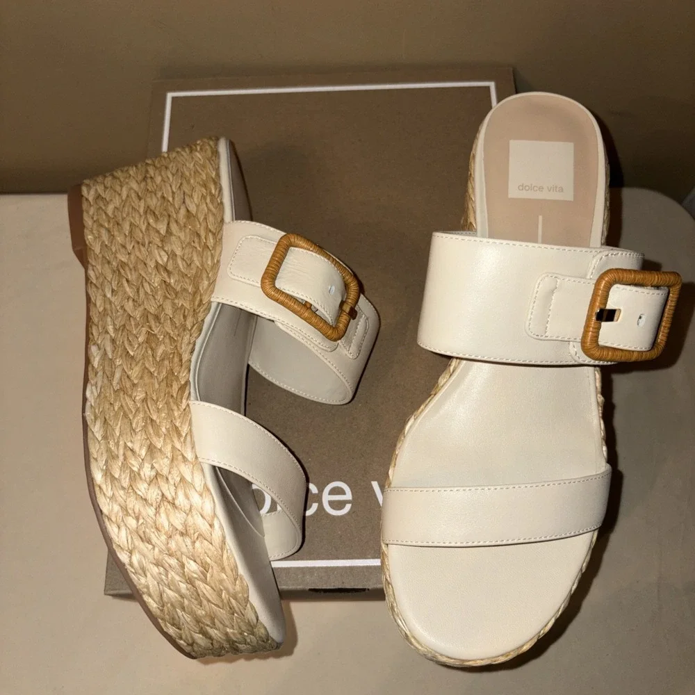 NIB $130 Dolce Vita 9.5 Thorin Ivory Leather Sandals Platform Wedge Slip On